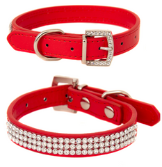RED Rhinestone Diamond Dog Collar Leather Diamante Dog Puppy Cat Kitten XS S M L