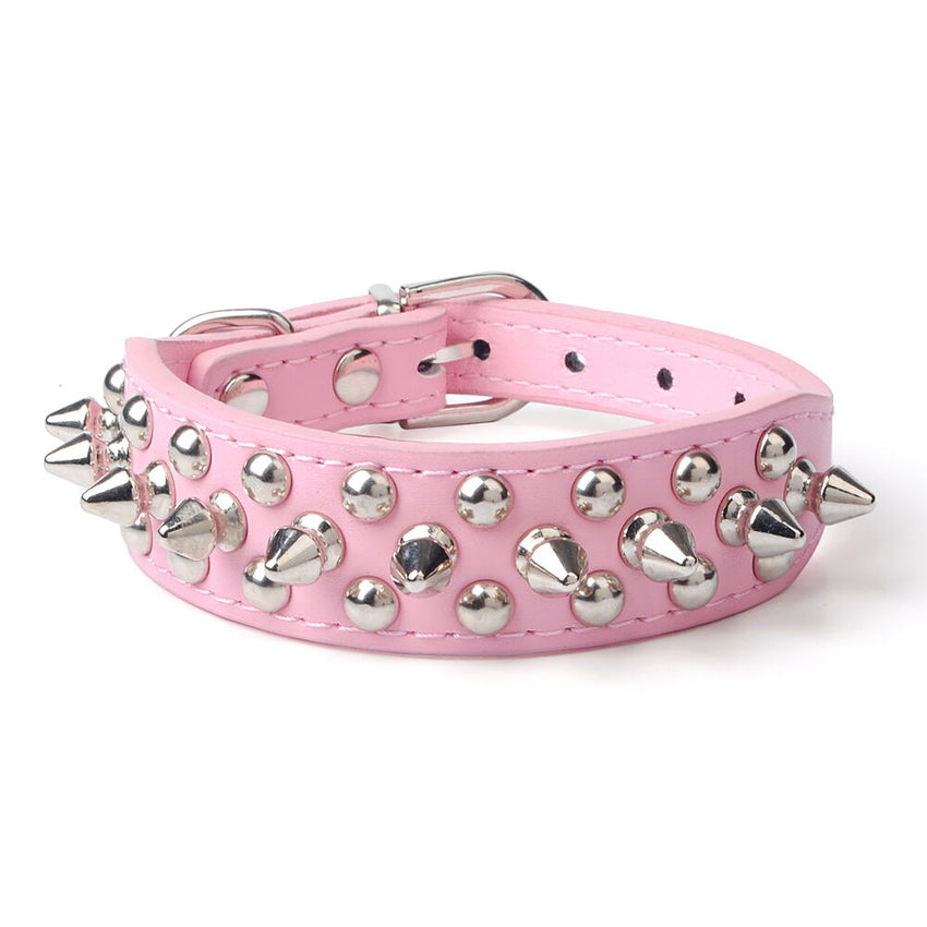 Small Dog Spiked Studded Rivets Dog Pet Leather Collar Can Go With Harness- PINK