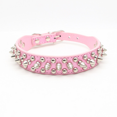 Small Dog Spiked Studded Rivets Leather Collar Can Go With Harness-PINK SPARKLE