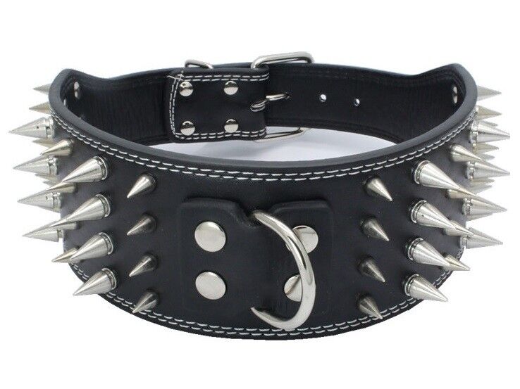 3" WIDE RAZOR SHARP Spiked Studded Leather Dog Collar 4-ROWS 19-22" 21-24"-BLACK