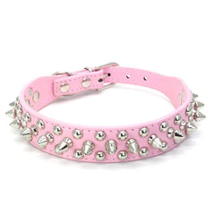 Small Dog Spiked Studded Rivets Dogs Pet Leather Collar Can Go With Harness-PINK