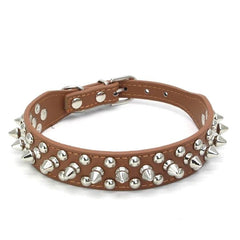 Small Dog Spiked Studded Rivets Dog Pet Leather Collar Can Go With Harness-BROWN