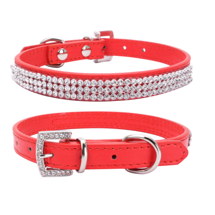 RED Rhinestone Diamond Dog Collar Leather Diamante Dog Puppy Cat Kitten XS S M L