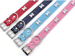 DOG BONES Studs Dog PU Faux Leather Collar Puppy Cat Small XS S M Adjustable