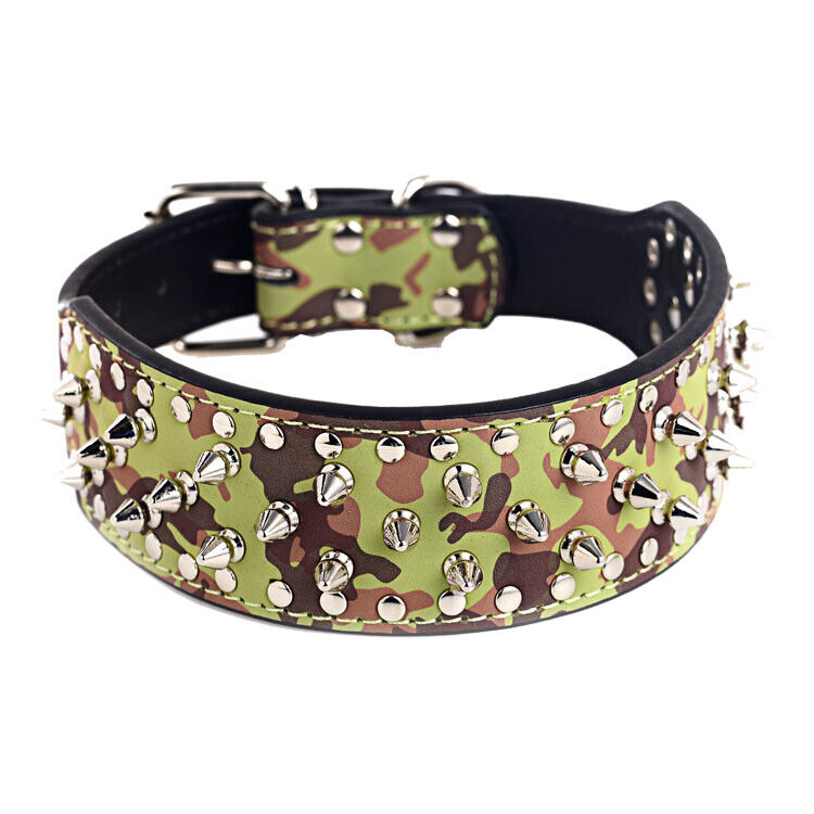 2" CAMOUFLAGE Metal Spiked Studded Leather Dog Collar Pit Bull Rivets L XL