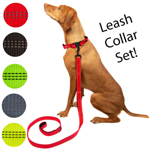 Pet Dog Collar Leash Nylon Adjustable Comfort Padded Size S M L XL Black Red